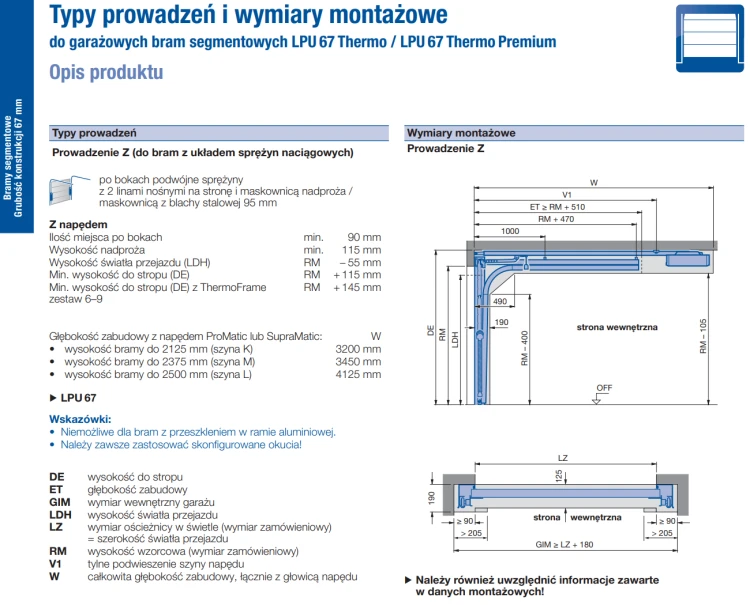 Typ prowadzenia Z dla bram Hormann 67 mm - schemat